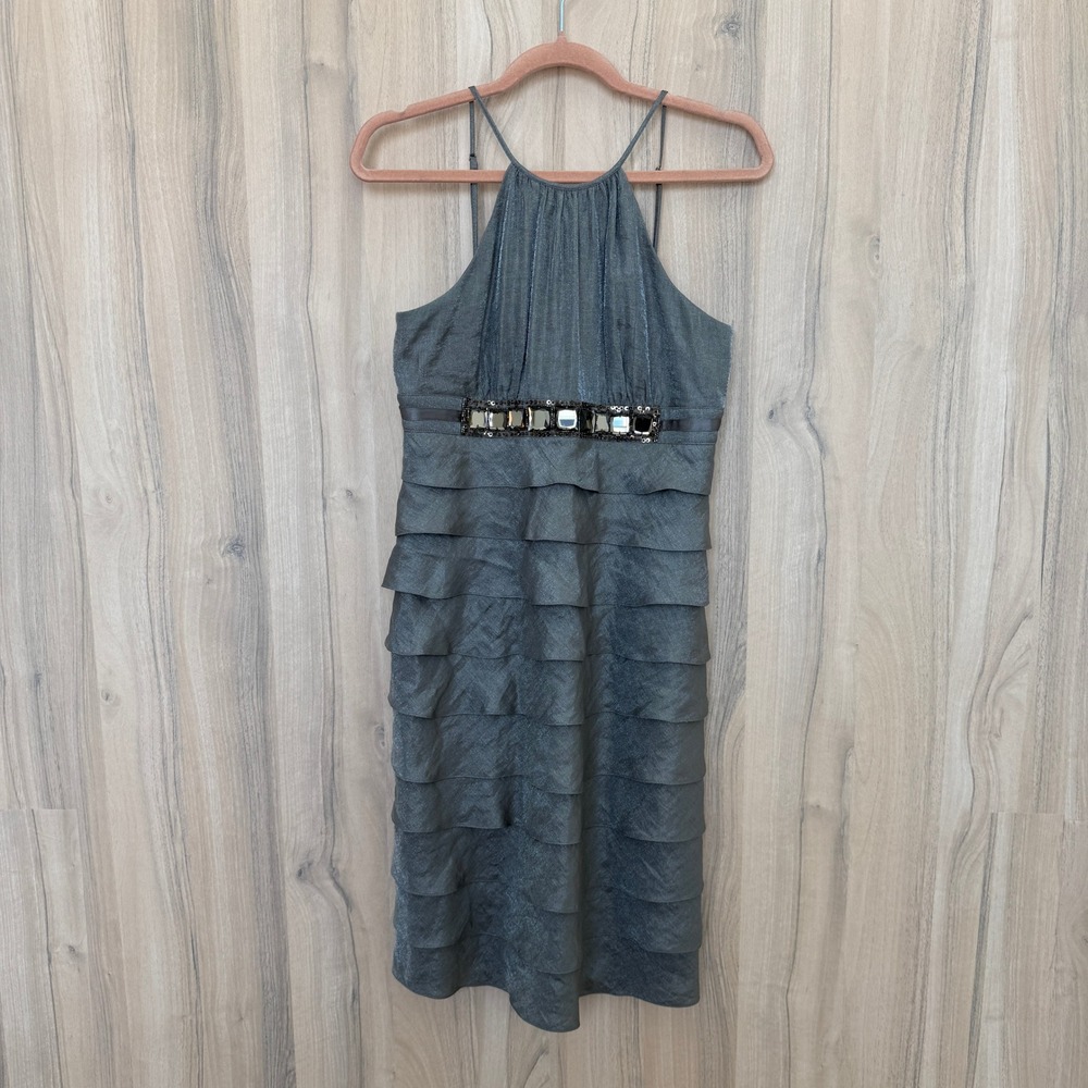 Adrianna Papell Formal Dress Size 6‎ Gray Tiered Beaded Metallic Cocktail Party